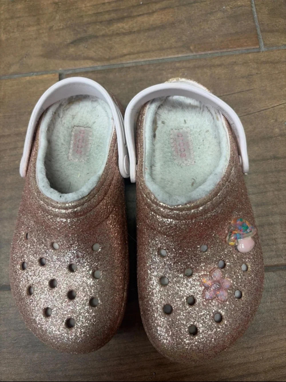 CROCS Kids Glitter Clogs in Rose Gold with Plush Lining